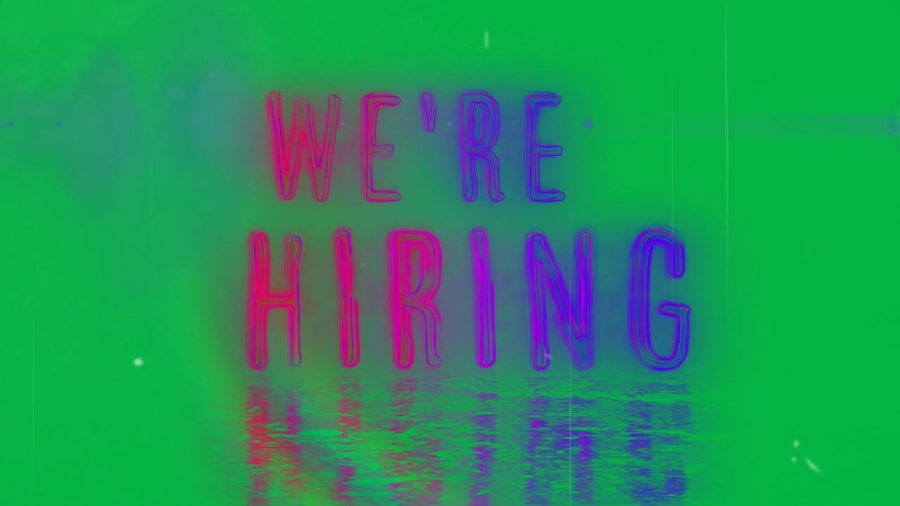 Animation of we're hiring text in pink and purple neon letters over white background