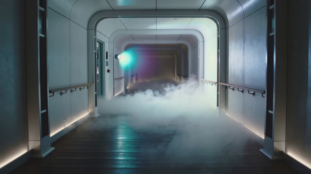 Spreading low fog bank filling curved corridor, reacting to hovering rainbow light and LED strips