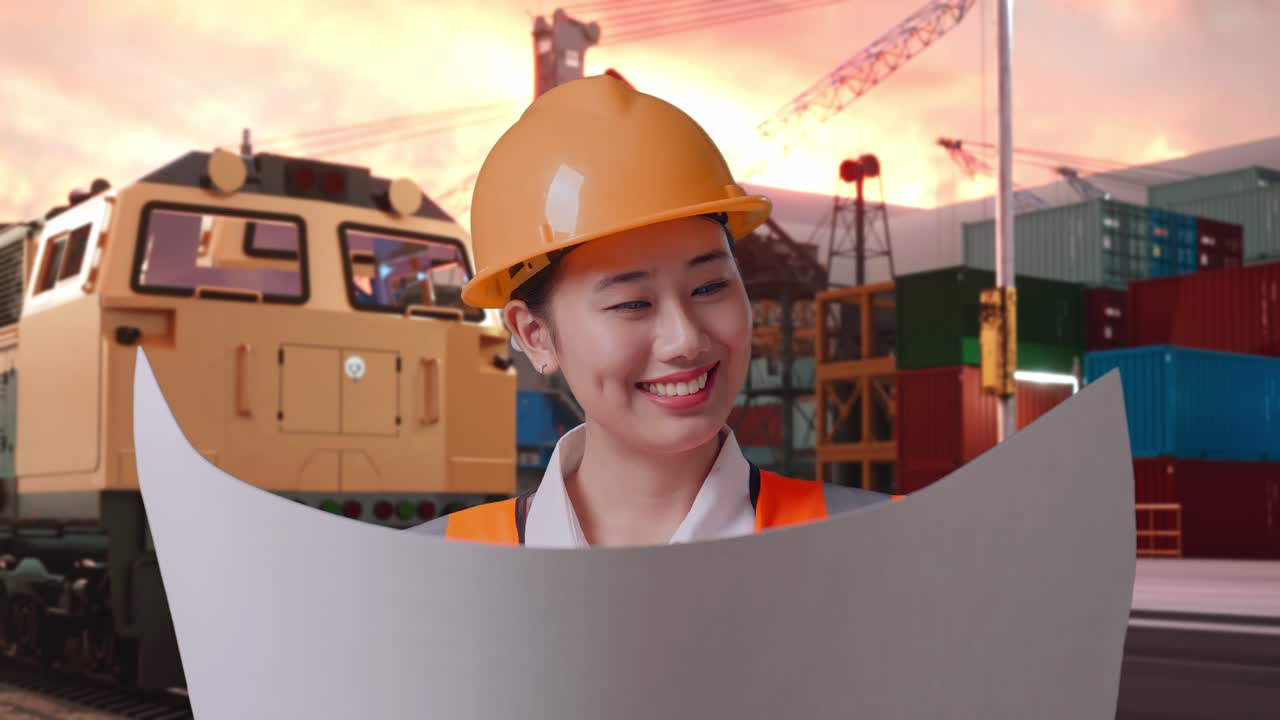 Close Up Of Asian Female Engineer With Safety Helmet Looking At Blueprint In Her Hands And Looking Around With Freight Cargo Train At Port