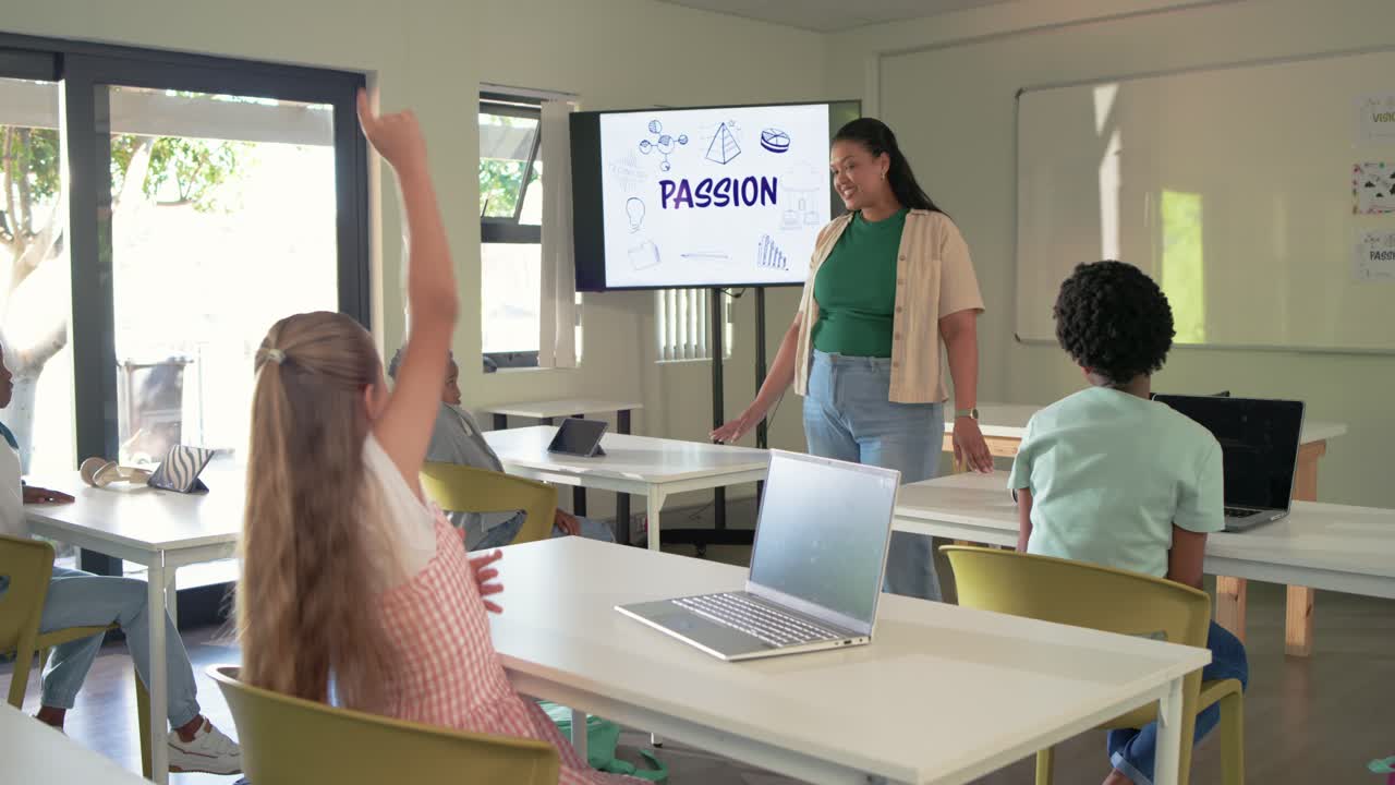 Insegnante davanti a schermo con scritto PASSION in classe fa una domanda, adolescenti alzano le mani per rispondere con laptop