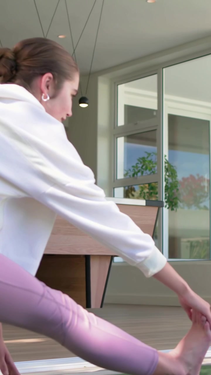 Video verticale: Raggiungendo il telefono, donna che approfondisce lo stretching delle gambe su un tappetino a casa, leggings, spazio per il testo.