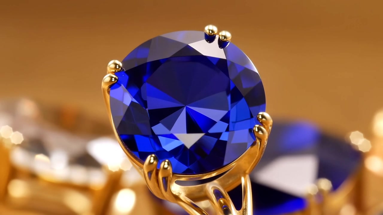 Showing deep blue gemstone in gold prongs tilting in studio, camera shifting, facets catching light