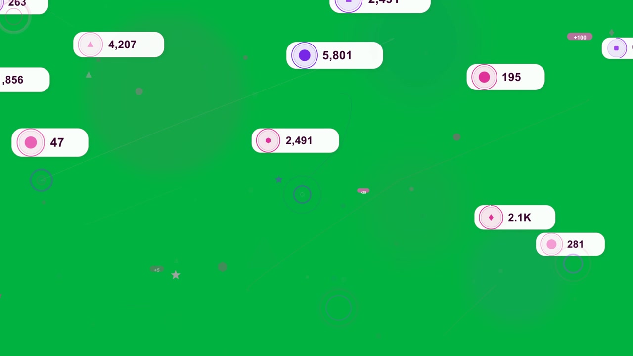 All'aggiornamento, nodi della dashboard che pulsano, riquadri informativi che scorrono e conteggi che si aggiornano su sfondo trasparente.