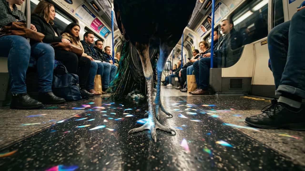 Peacock Walking Through a Subway Train with Colorful Reflections