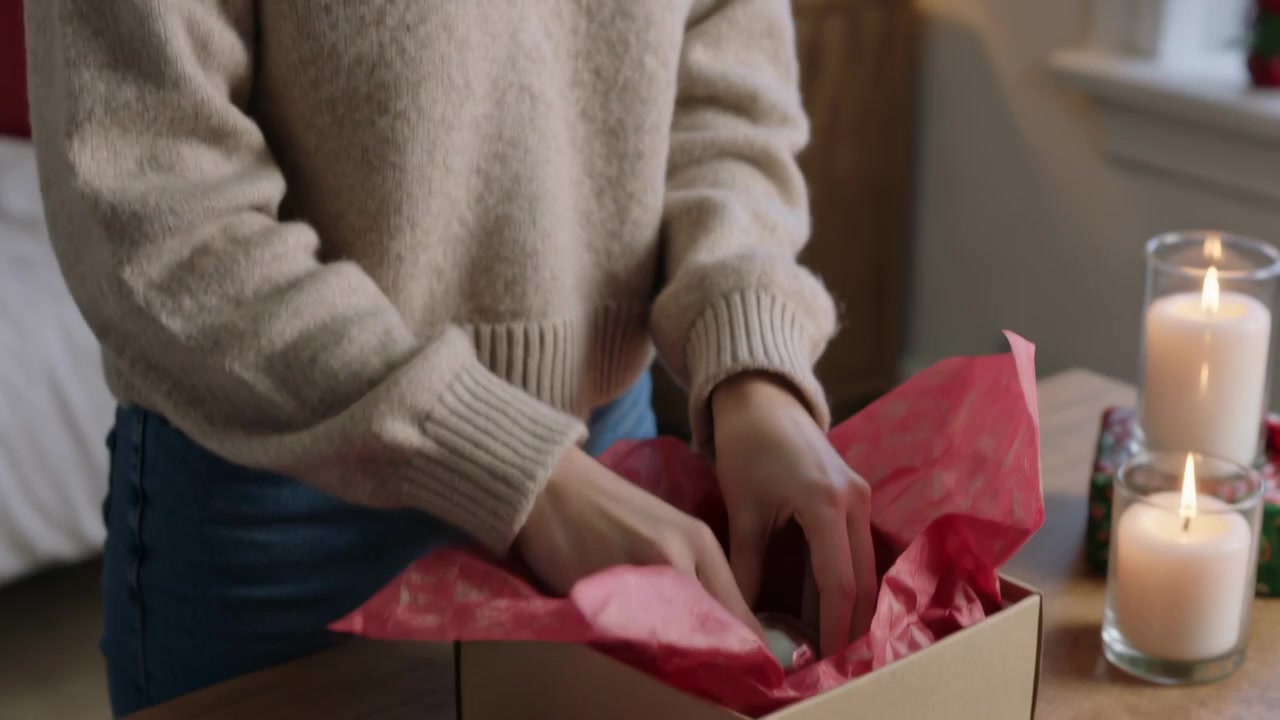 Viser en kvinde i beige sweater, der pakker glaspynt i en gaveæske med rødt silkepapir derhjemme.