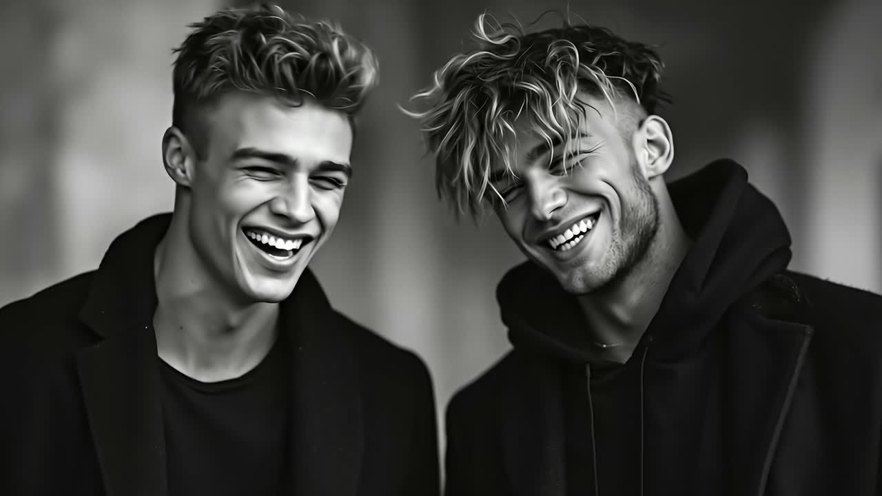 Two young men smiling and laughing together
