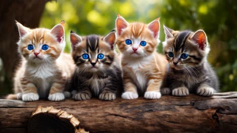 a group of kittens sitting on top of a tree branch