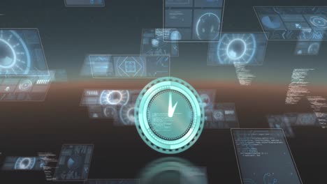 Neon-Digitaluhr-Tickt-Vor-Mehreren-Runden-Scannern-Und-Datenverarbeitung-Auf-Blauem-Hintergrund