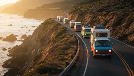 a group of colorful rvs and campers journey along a scenic coastal highway at sunset, showcasing the beauty of nature and road adventure
