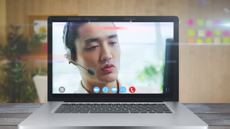 animation of a screen showing an asian man wearing phone headset. coronavirus spreading