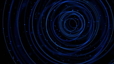 abstract glowing dots forming tunnel of blue circles. animation. 3d circles of small particles moving one by one on black background, seamless loop