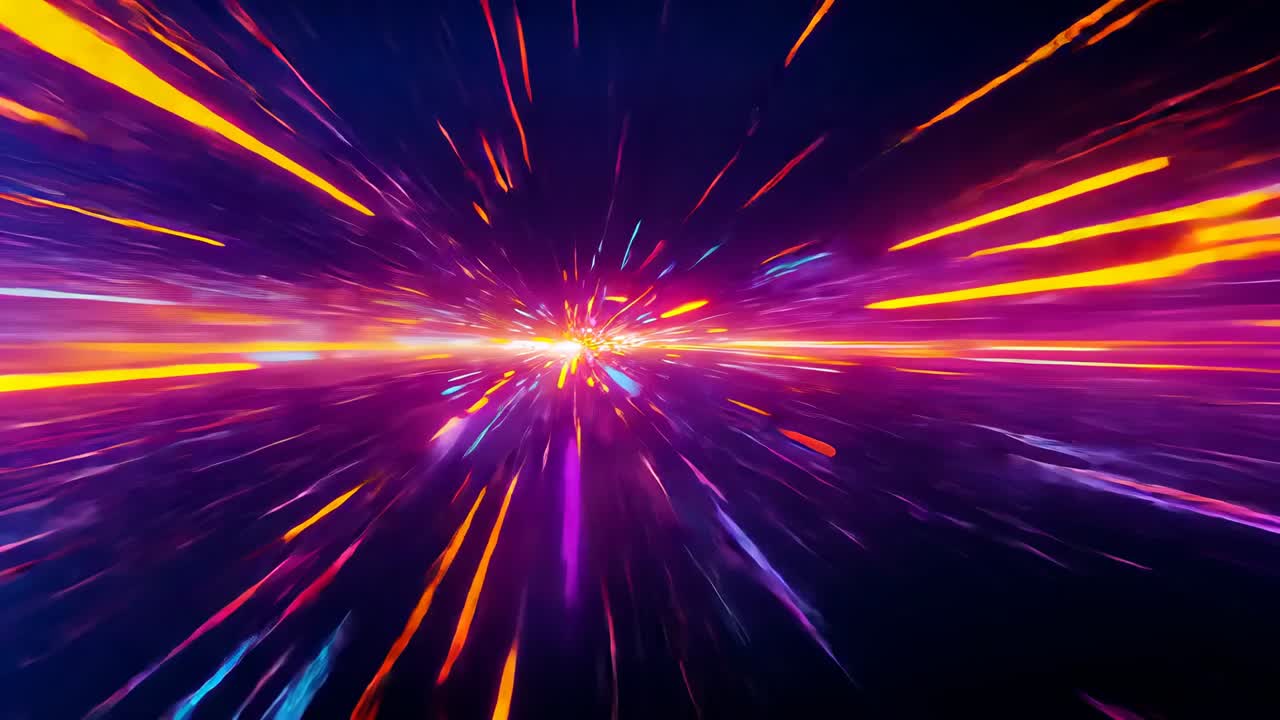 Viewer noticing neon cluster appearing and propelling through digital tunnel, with neon streaks