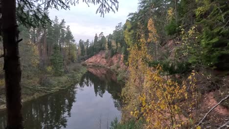 acantilados de arenisca roja nelku en el río salaca en el parque natural skanaiskalns en mazsalaca en letonia, tiempo de otoño