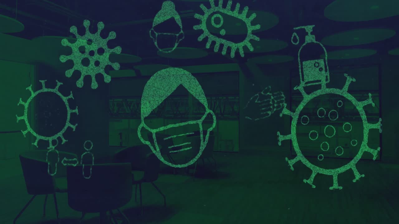 공허한 사무실 식당에 대항하는 코로나 바이러스 컨셉 아이콘