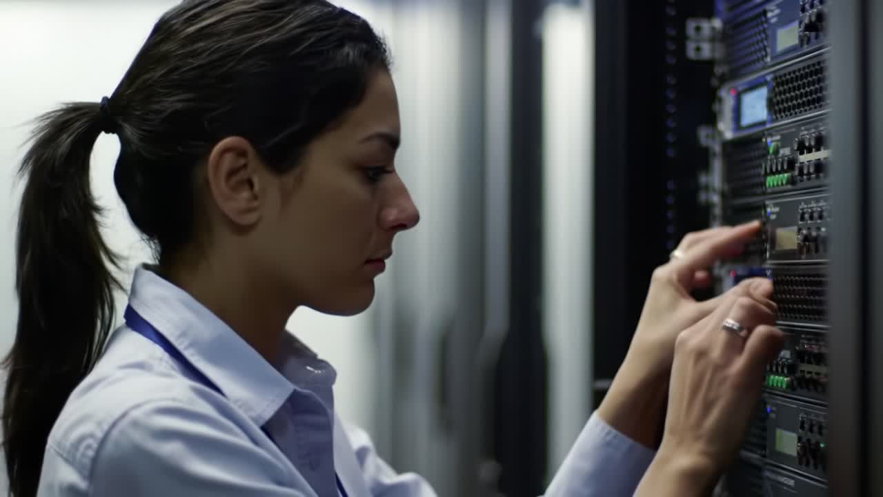 Woman IT Technician Working on Servers in a Data Center