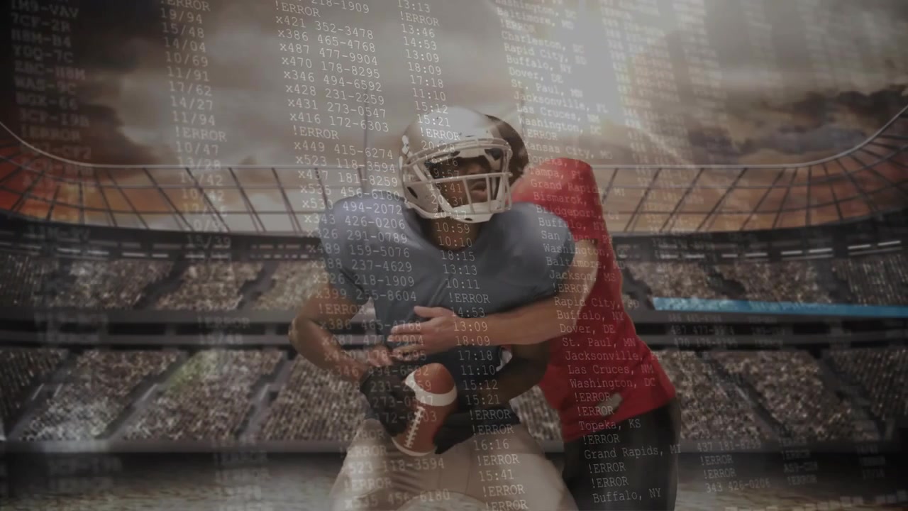 Blue receiver tracking football from right, catching to secure ball as overlay rising, red tackling