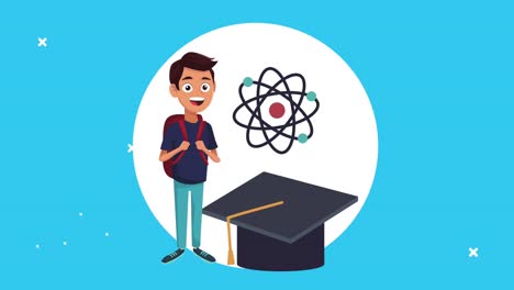 animación de regreso a la escuela con un escolar y un sombrero de graduación