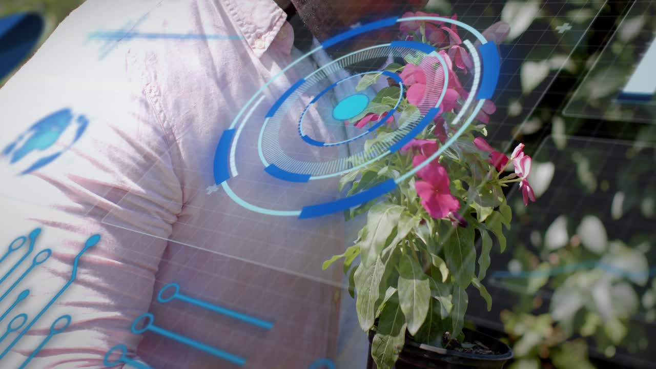 Man holding flowering plant and leaning in while HUD overlay activating and scanning for plant tech