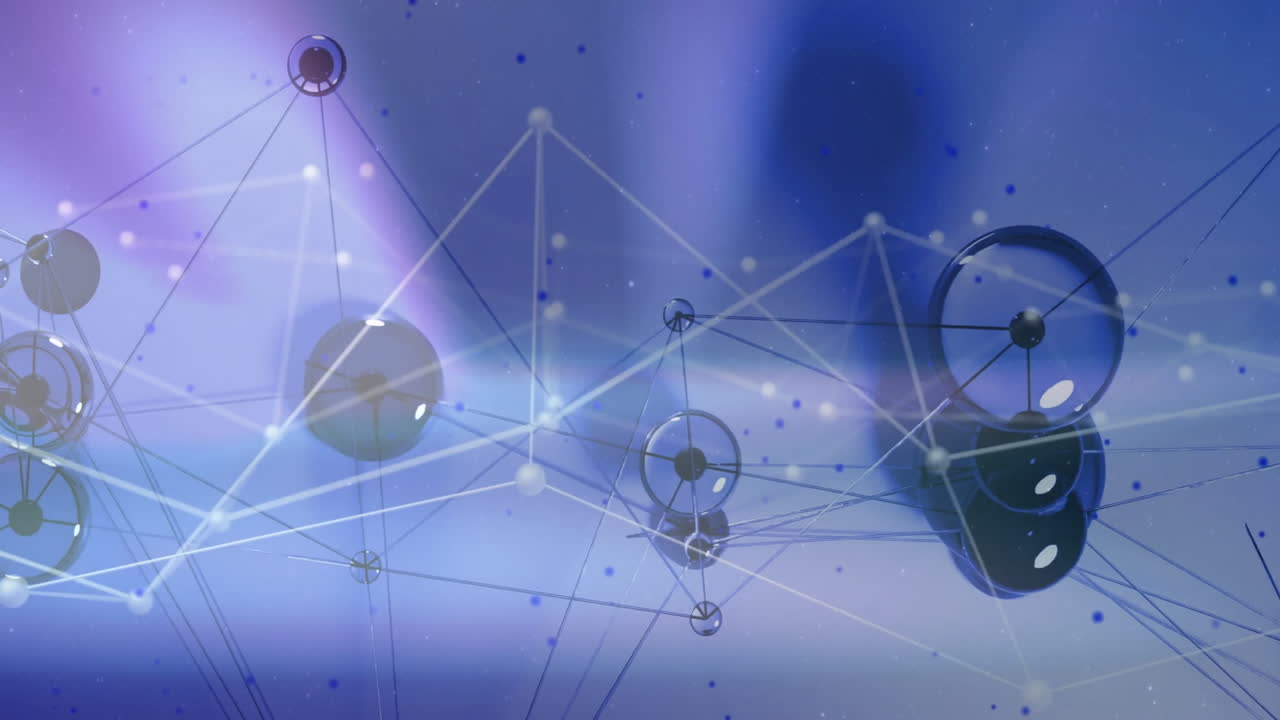 Interconnected nodes and lines, scientific data animation over blue background