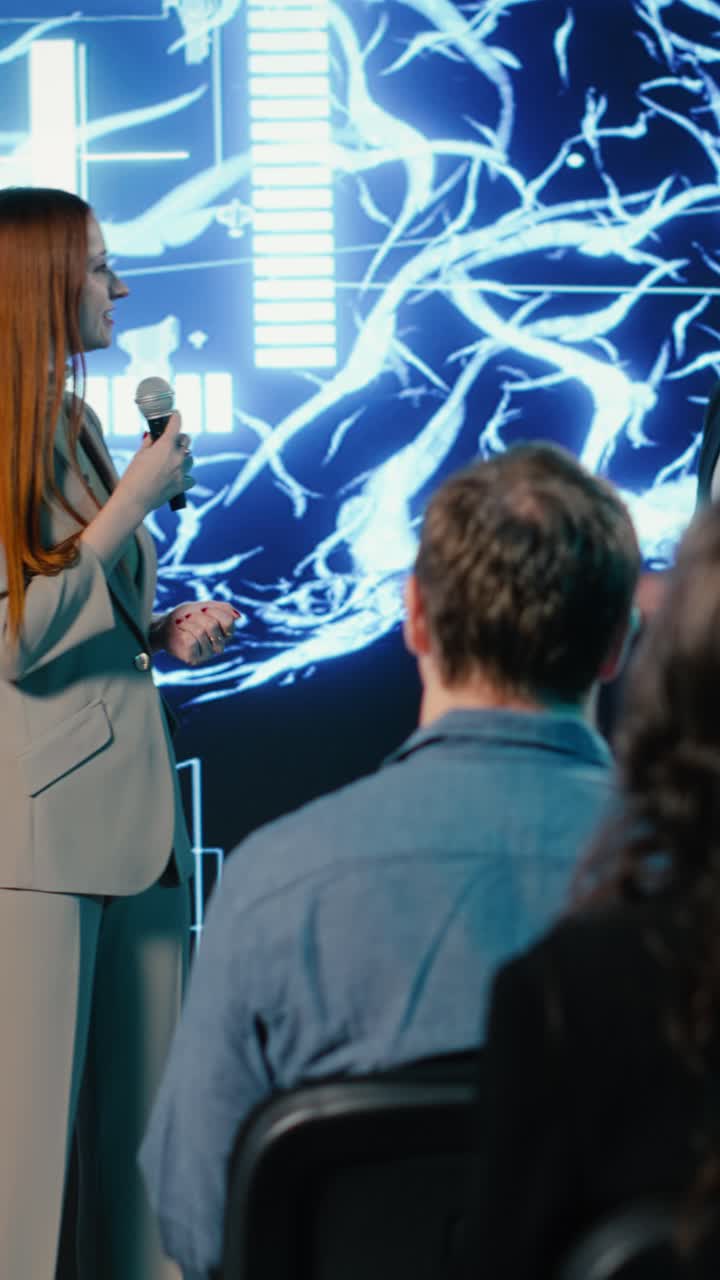 Vertical Video Two presenters hosting pitch presentation with AI features and data automation