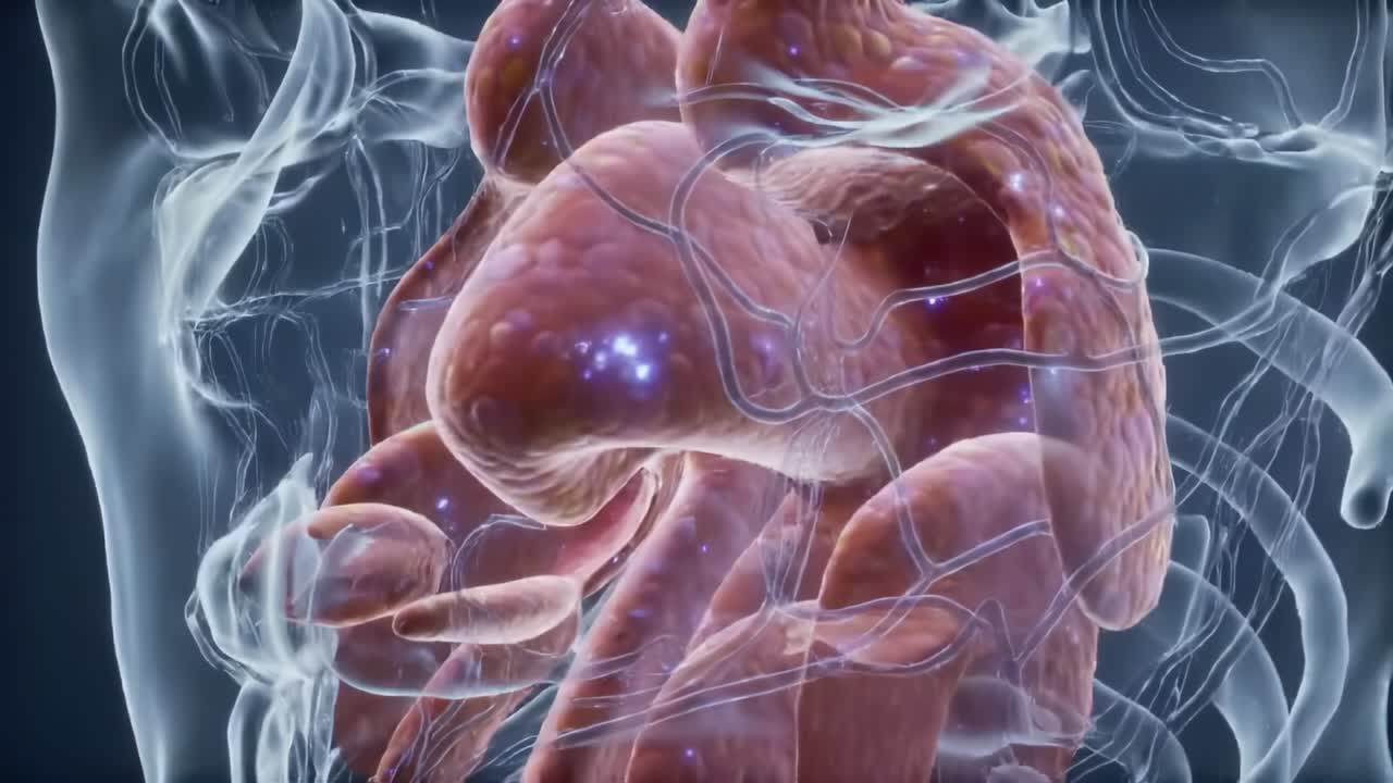 An Intricate Visual Journey Through the Human Anatomy Showing Detailed Structures of Organs and Tissues in a Transparent 3D Model Against a Dark Background