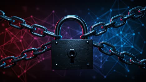 a secure concept: illustrated through a lock and chains demonstrating safety and protection in a digital networked environment