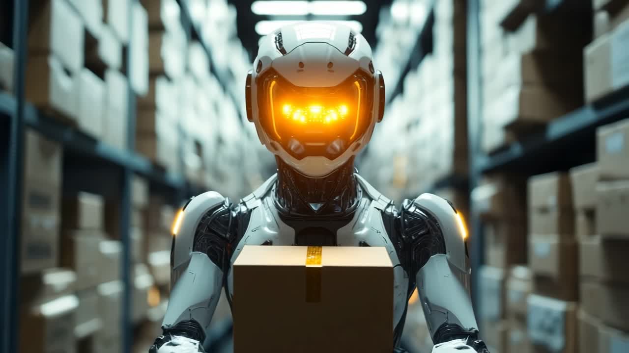 Robot in warehouse with boxes. A humanoid robot stands in a warehouse holding a cardboard box, surrounded by shelves filled with packages.