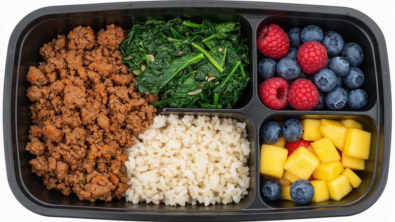 A Balanced Meal Prep with Ground Meat, Spinach, Fresh Berries, and Mango in a Nutrient-Dense Food Container for Healthy Eating