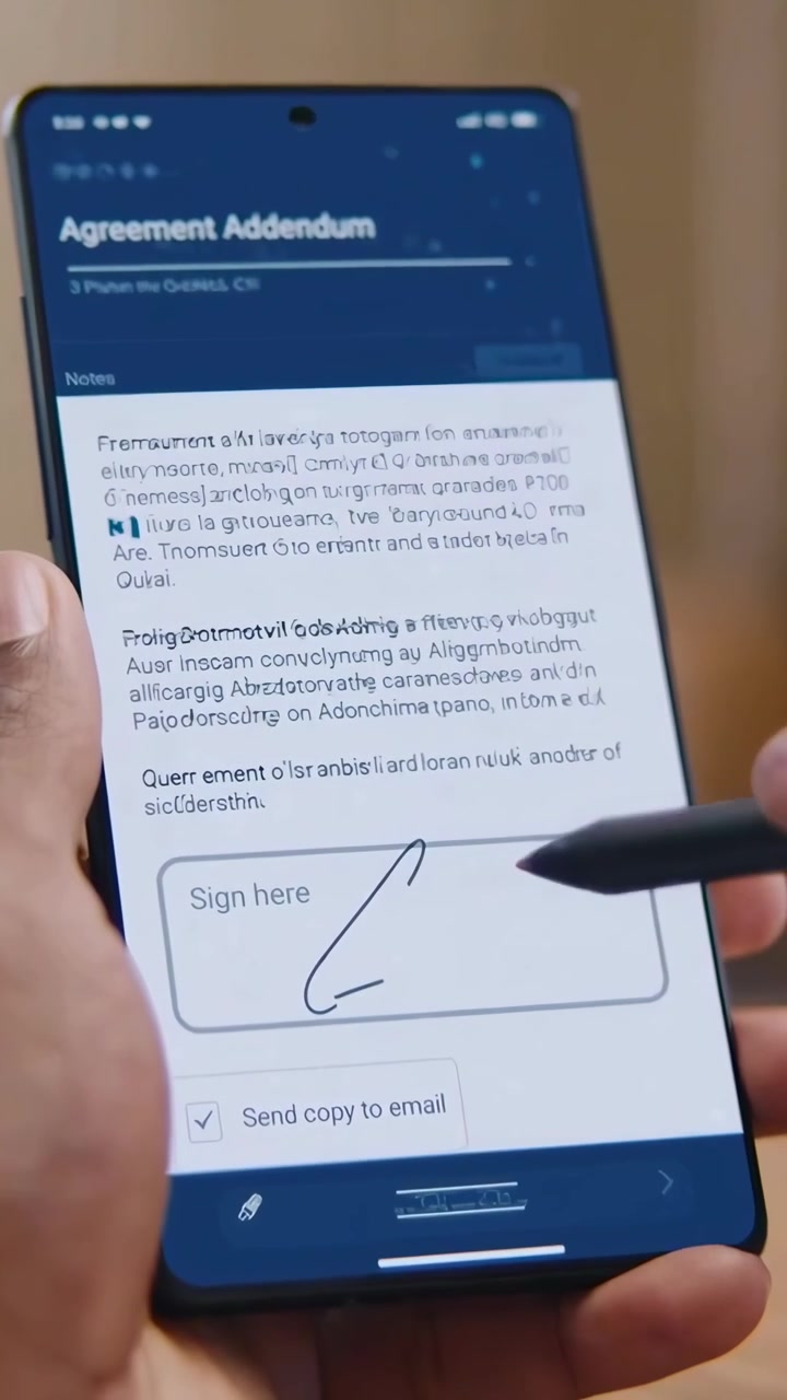 Close-up of Hand Reviewing Report and Signing Agreement on Smartphone