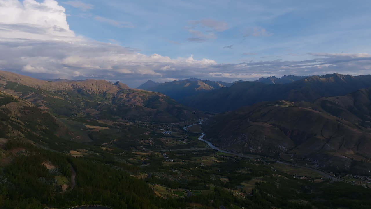 Vista panoramica delle Ande e di una valle fluviale.