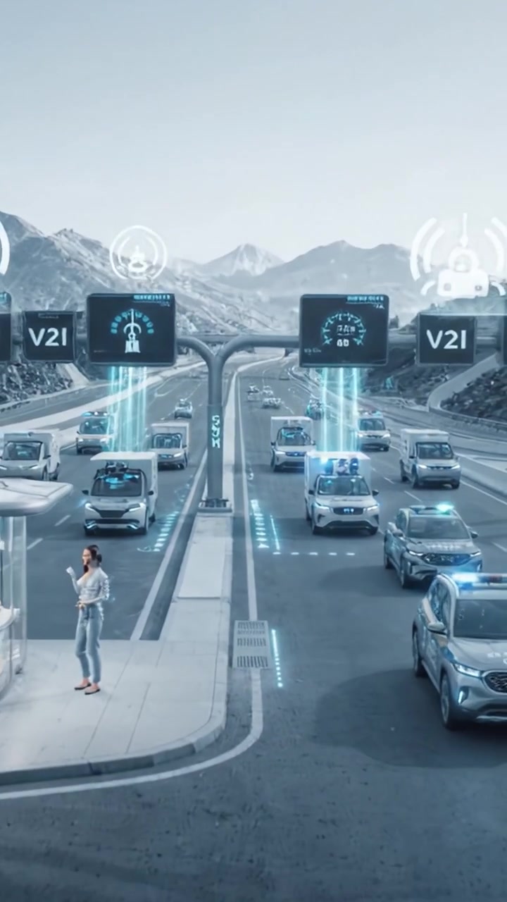 Trasporto Futuro: Una Visione di Veicoli Connessi e Integrazione di Tecnologia Intelligente sulle Autostrade che Dimostra Funzionalità Avanzate di Guida Autonoma in un Contesto Reale