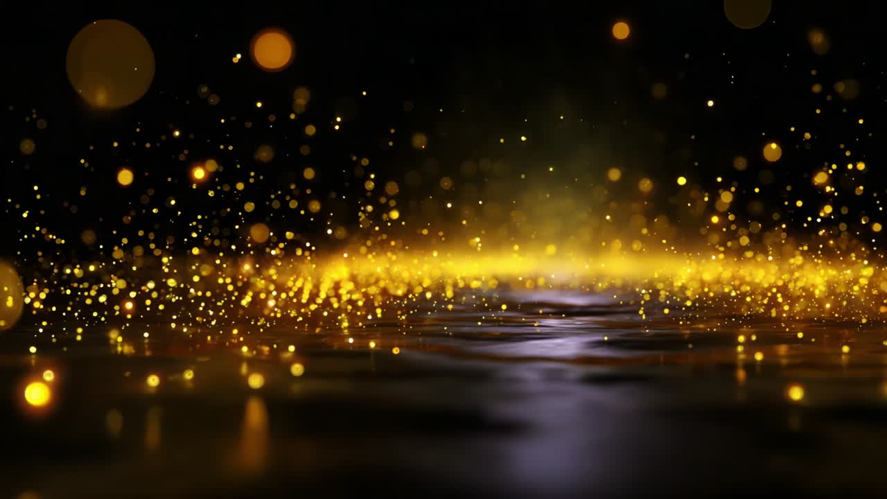 A mesmerizing display of golden particles shimmering beautifully against a dark background, creating an enchanting atmosphere that captivates the viewer's eye with the sparkle and allure of light in motion