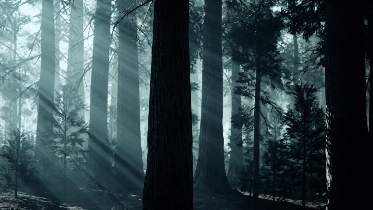 黑色的树干在黑暗的松树林中