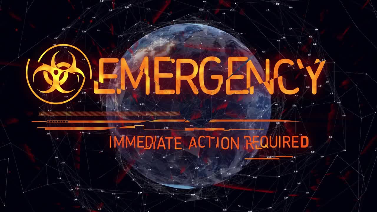 Rete dati globale visualizzata su un globo terrestre, che evidenzia un allarme di rischio biologico con barre luminose.