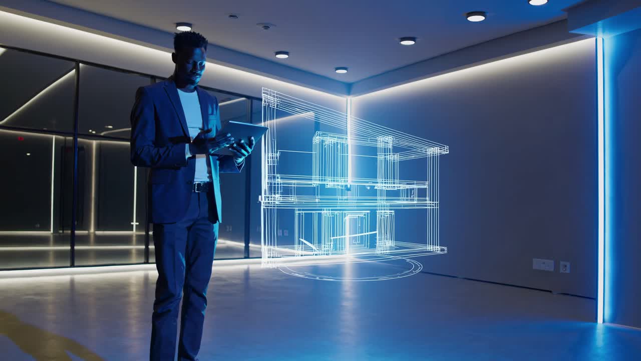 A man in a suit interacts with a digital hologram in a modern room