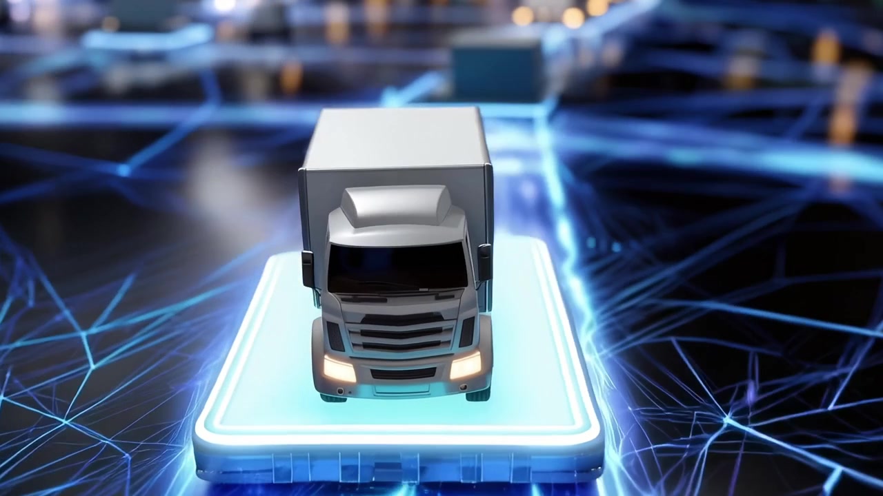 Camion di consegna futuristico su una rete logistica digitale