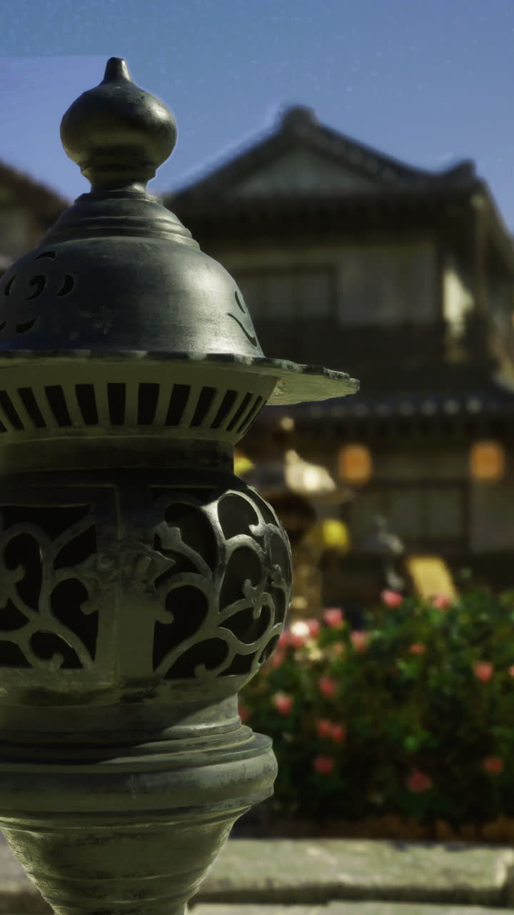 Temple lantern in traditional marketplace during a vibrant festival