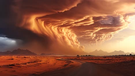 dramatic sunset sky in a desert landscape with swirling clouds