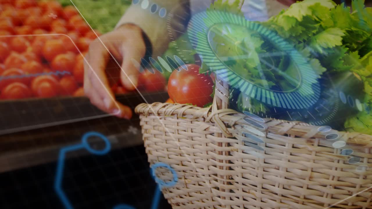 Male shopper reaching grabbing placing tomato into market basket to buy while AR HUD showing ripe