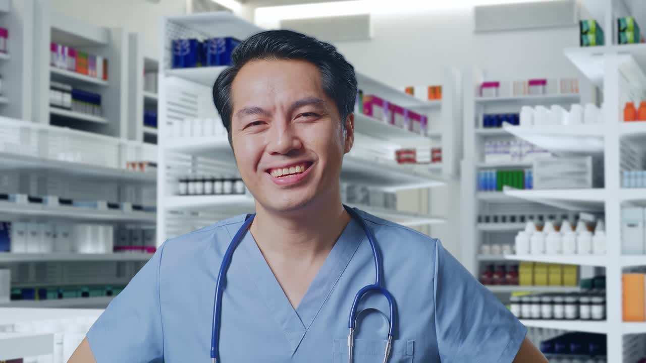 스테토스코프를 들고 있는 아시아 남성 의사가 이에 손을 고 약국에서 미소 짓고 있다.