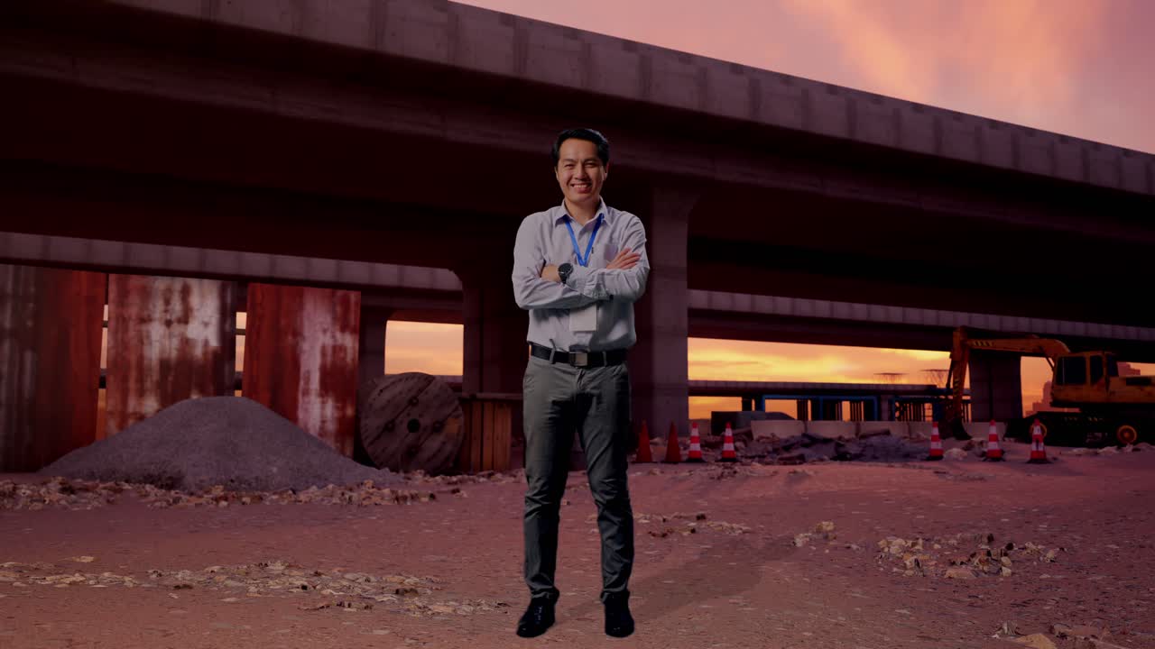 Scatti a figura intera di un professionista asiatico che lavora in un cantiere autostradale, sorride ampiamente alla camera e incrocia le braccia al petto