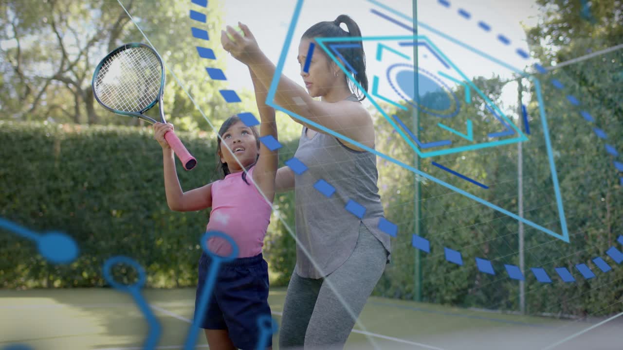 Coach guiding girl's racket on tennis court, releasing ball, practicing swing, AR overlay tracing