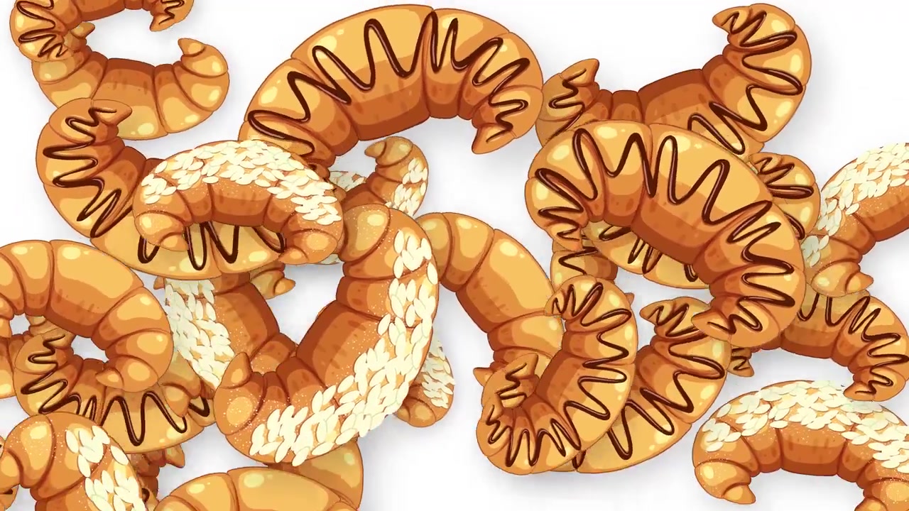 Animazione dinamica di vari croissant e prodotti da forno che esplodono su uno sfondo bianco pulito