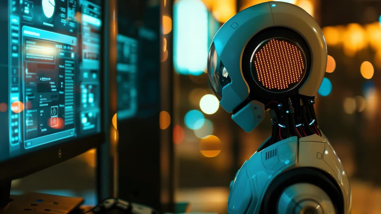 A futuristic robot gazes at a glowing screen, captured in a side profile angle