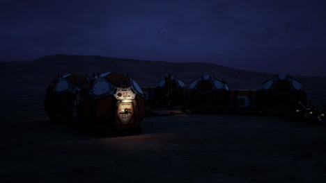 nighttime mars colony base with domed structures and rugged land