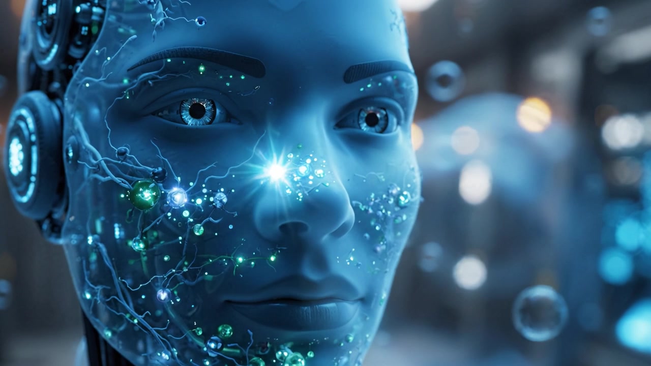 Volto robotico futuristico con circuiti luminosi e bolle in un ambiente di laboratorio tecnologico, esplorando l'intersezione tra intelligenza artificiale ed emozioni umane.