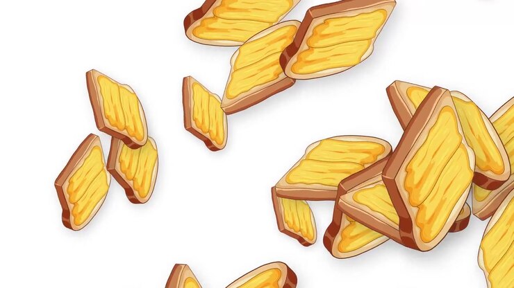 Düz beyaz bir arka plana karşı düşen ve dönen birçok tereyağlı ekmek diliminin grafik animasyonu