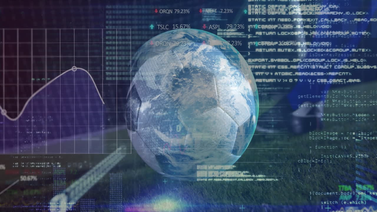 Animation of digital globe with data and graphs over grassy landscape background