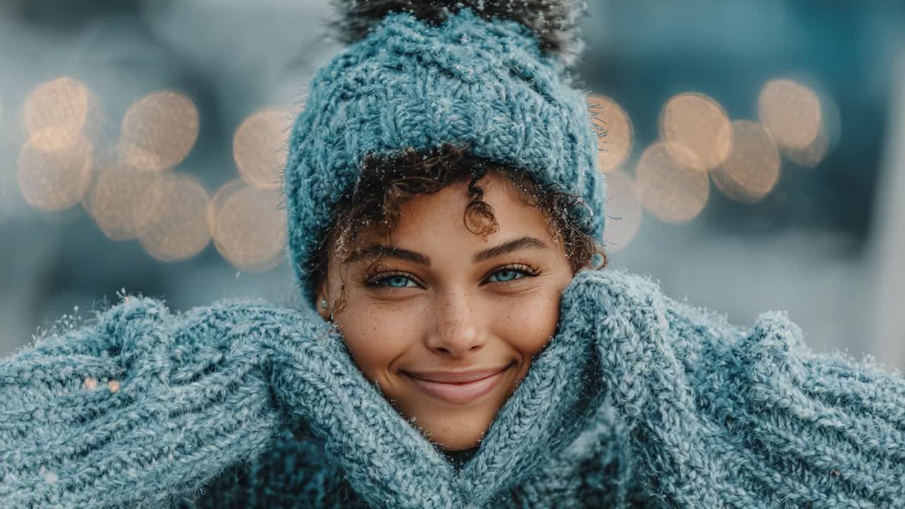 A Joyful Smile in Winter: Capturing the Essence of Warmth and Happiness Against a Snowy Background with Soft Bokeh Lights