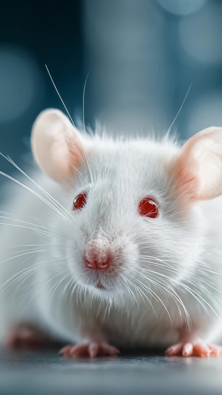 Primo piano di un adorabile topolino bianco con caratteristici occhi rossi e delicati baffi - Catturato in due splendide inquadrature che ne mostrano la curiosità e la giocosità